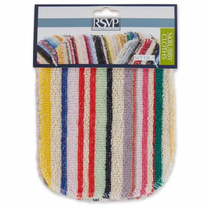 Striped scrub cloth with RSVP branding on a white background