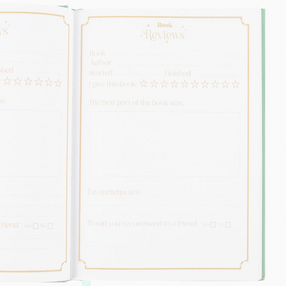 Open book with text and star ratings on a white background