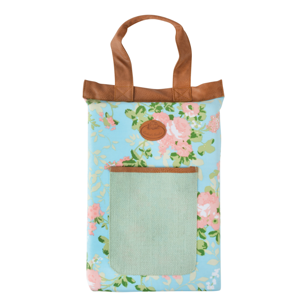 Rose print kneeling pad with front pocket in green and leather handles