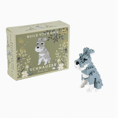 Build-your-own Schnauzer dog model kit with packaging on a white background
