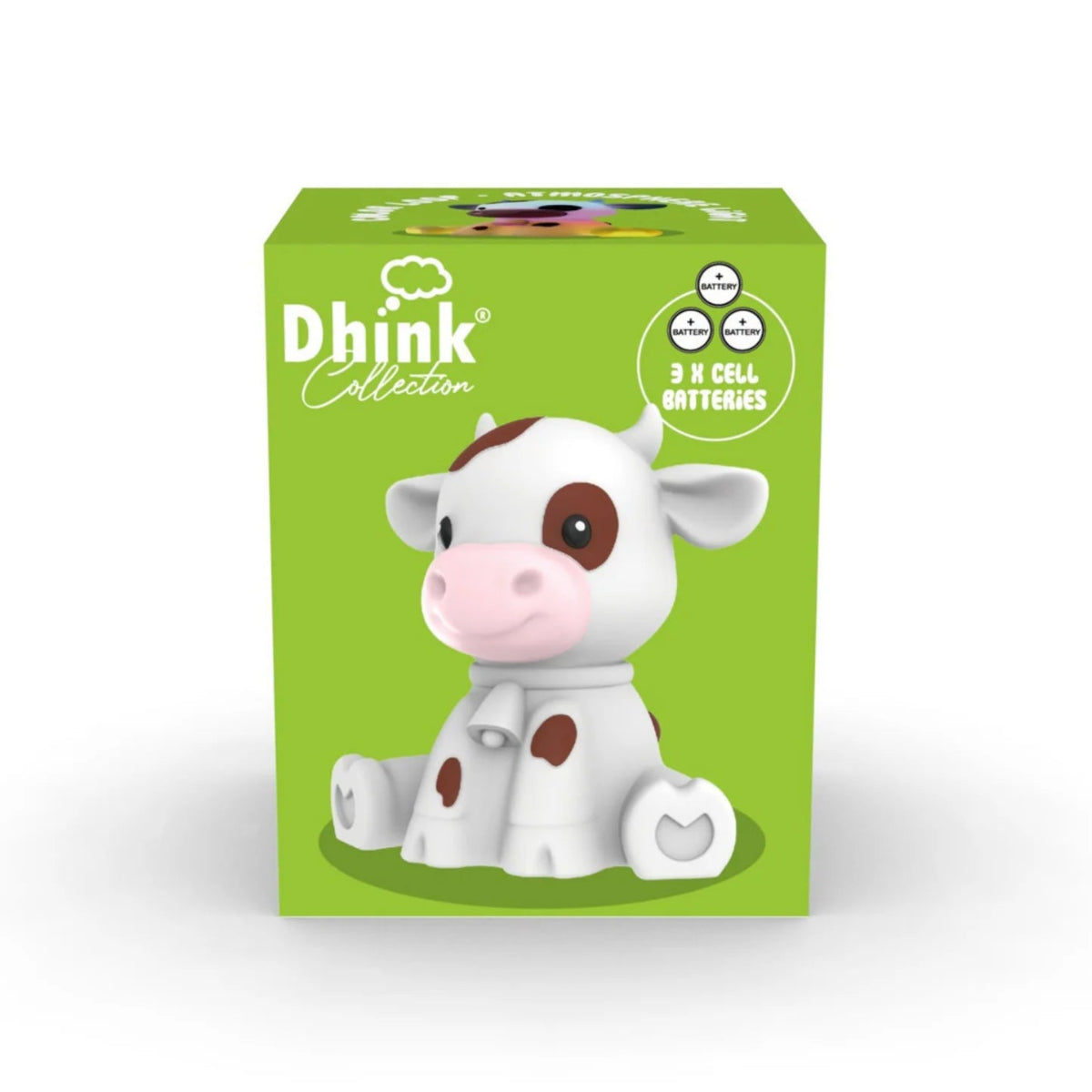 Dthink Collection cow figurine on a green box with white background