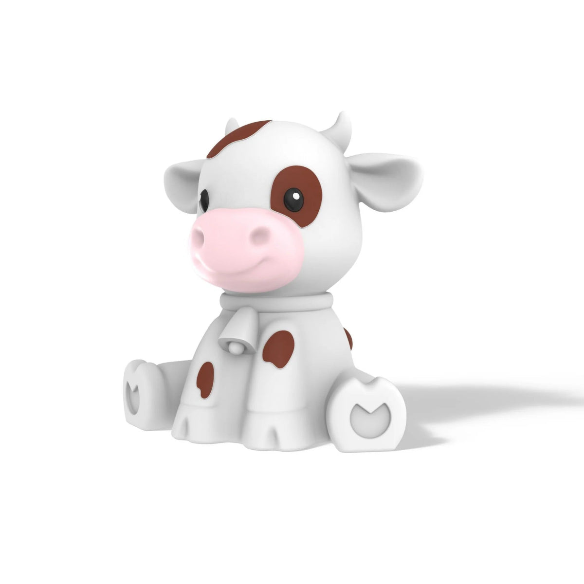 A cute, stylized 3D cartoon cow figurine sitting down. The cow is primarily white with brown spots, a pink snout, and a small white scarf, set against a plain white background with a soft shadow.