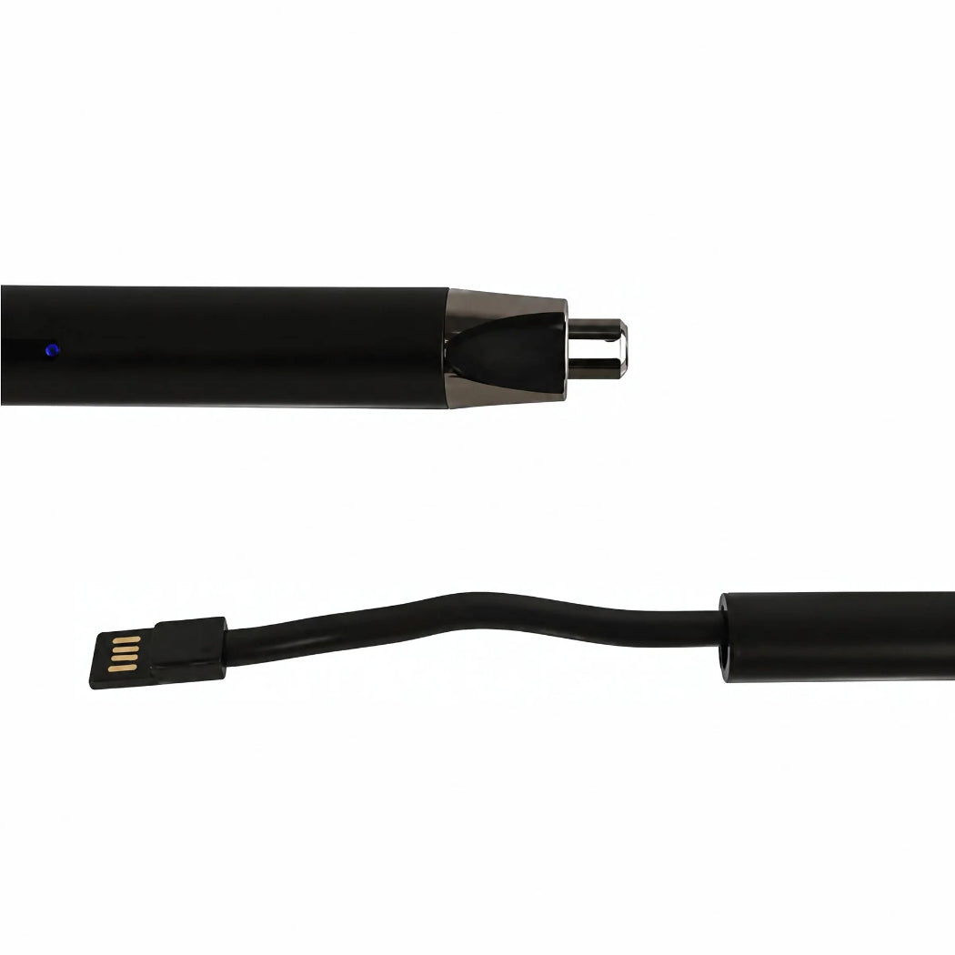 A close-up studio shot of a black cylindrical electronic device with a small blue indicator light and metallic connector, shown alongside its attached black cable on a plain white background.