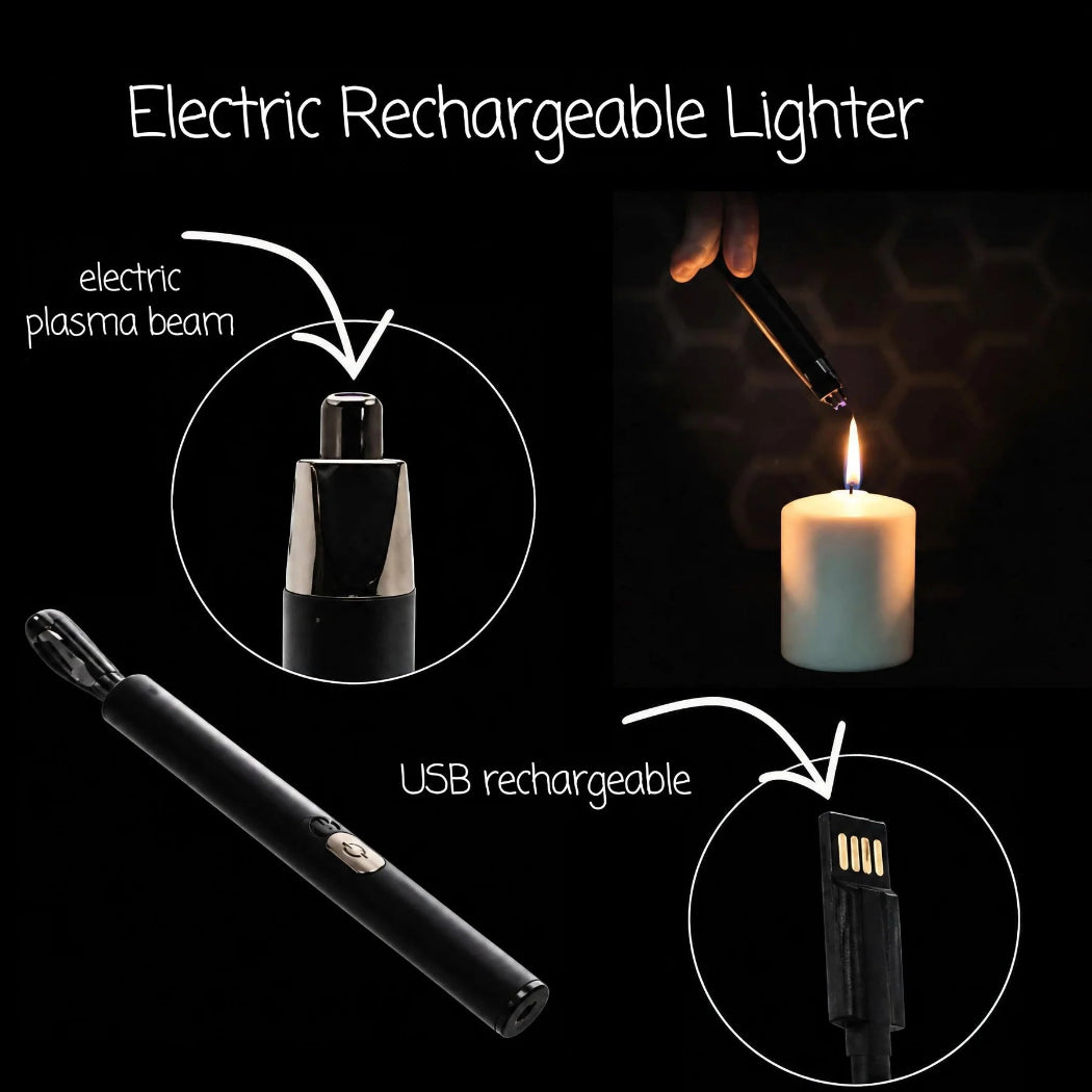 An electric rechargeable lighter shown on a black background with callout circles and text explaining its features: an electric plasma beam nozzle, USB rechargeable charging port, and a demonstration of lighting a candle. The product itself is black with a small metallic accent.