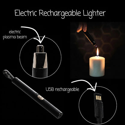 An electric rechargeable lighter shown on a black background with callout circles and text explaining its features: an electric plasma beam nozzle, USB rechargeable charging port, and a demonstration of lighting a candle. The product itself is black with a small metallic accent.