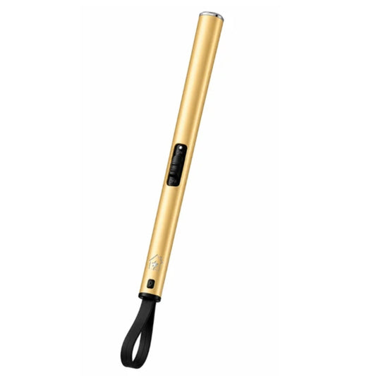 A sleek, metallic gold personal lighter with a black wrist strap and black control buttons, shown diagonally on a solid white background.