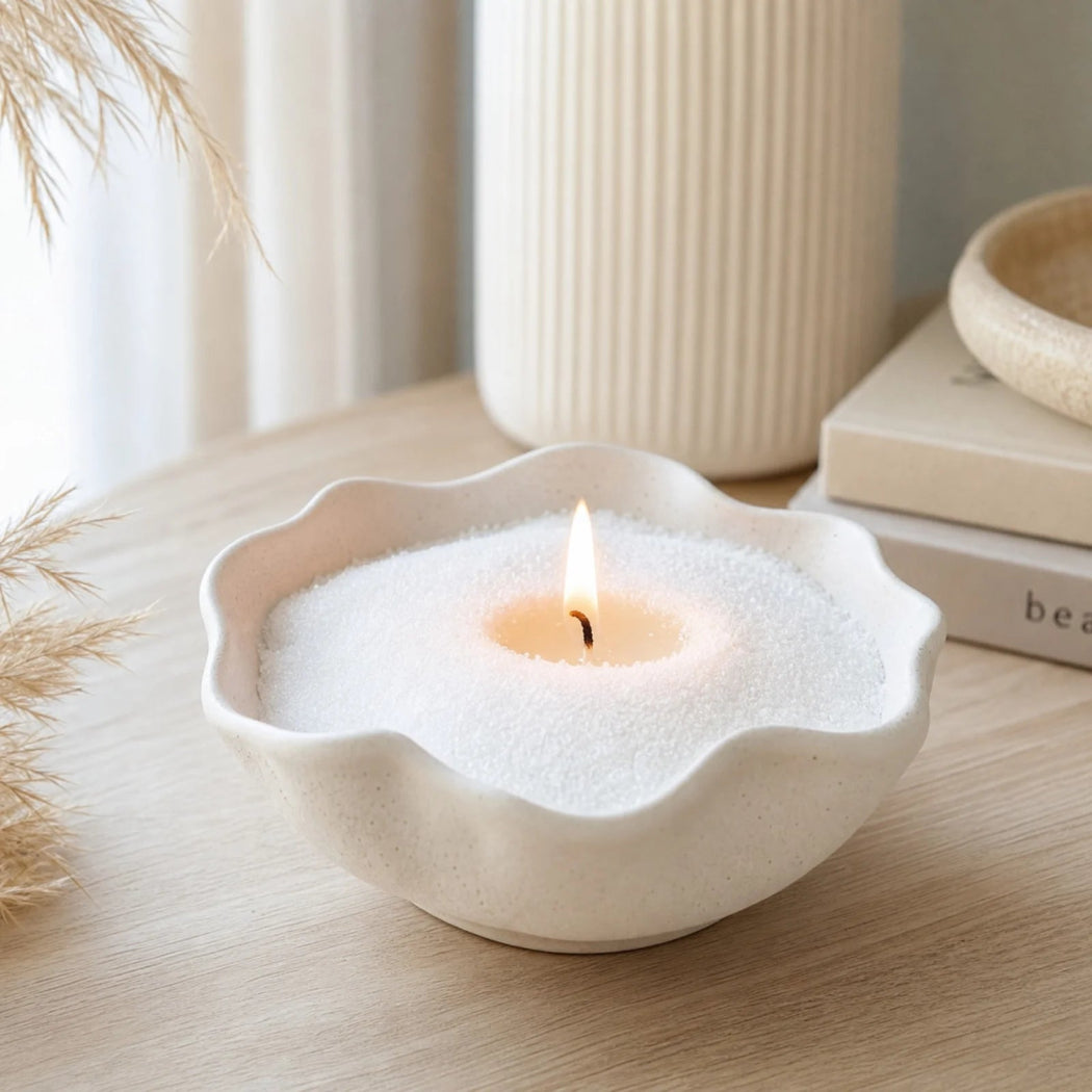 A lit white scented candle in a scalloped ceramic holder, styled on a light wood table with dried grass and a ribbed vase in the background.