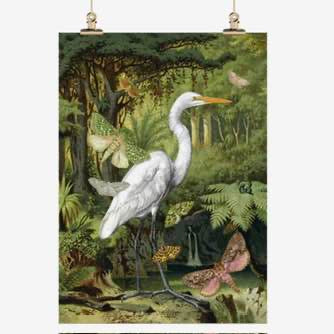 Decorative tea towel of a white egret in a forest setting with butterflies.