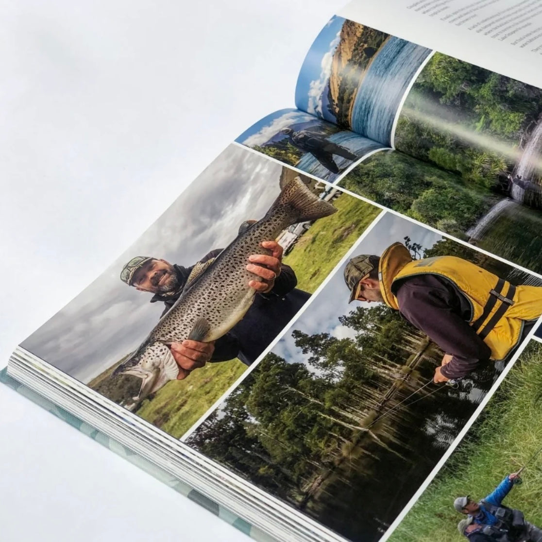 Open book displaying images of a person fishing with a large trout.