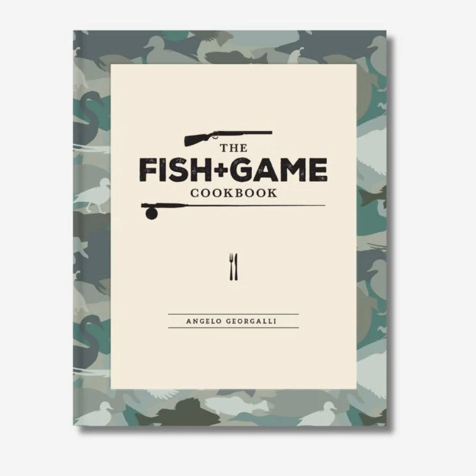 Cookbook titled 'The Fish & Game Cookbook' with camouflage design on cover