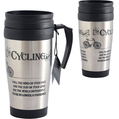 Two views of a stainless steel travel mug with a black lid and handle on a white background. The mug features a black graphic print with a bicycle illustration and the text 'The Cycling Club' and a motivational quote.