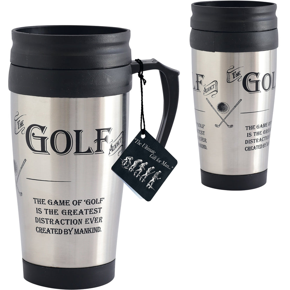 Two stainless steel travel mugs with black handles and black text on a white background.