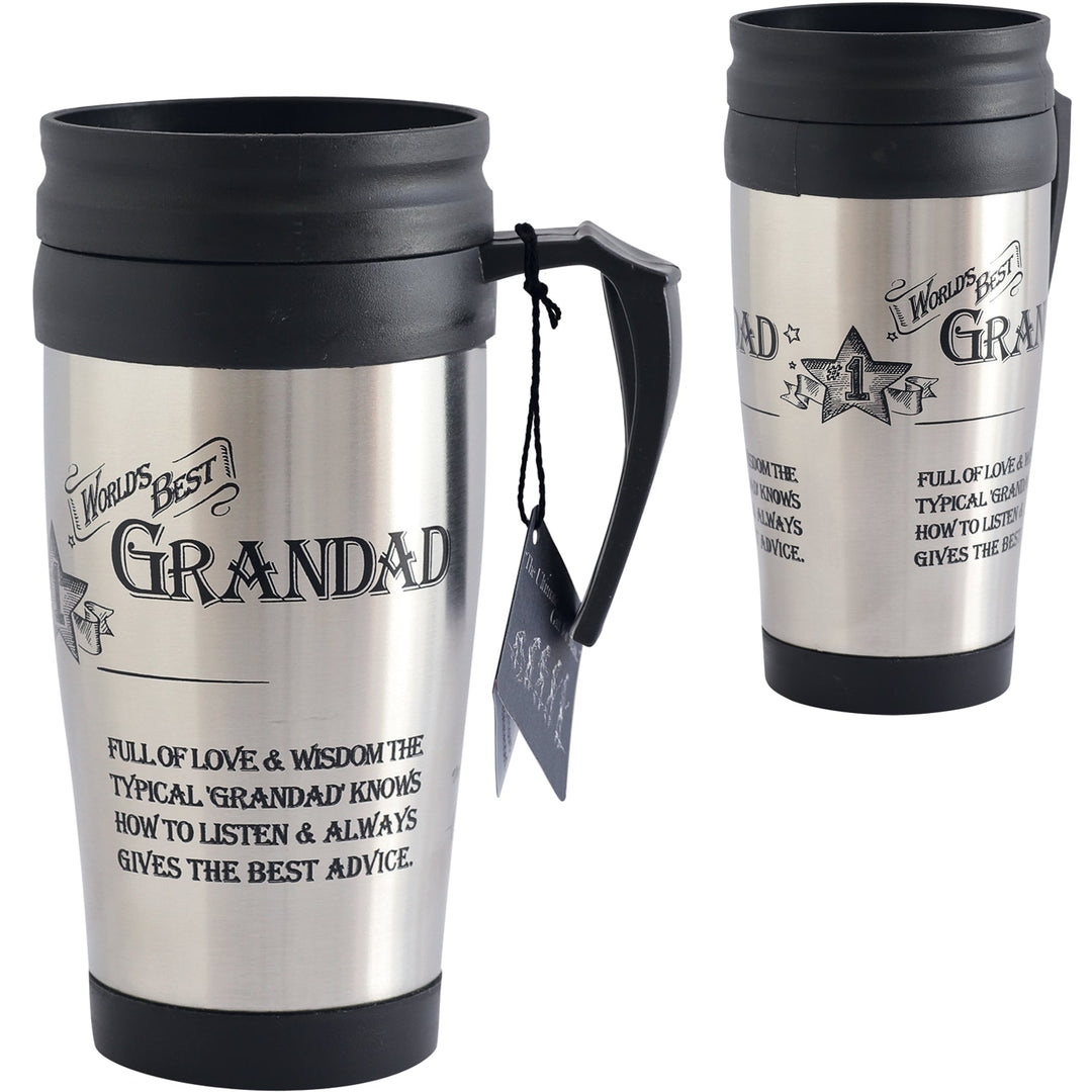Two stainless steel travel mugs with black handles and interior, featuring text on a white background.