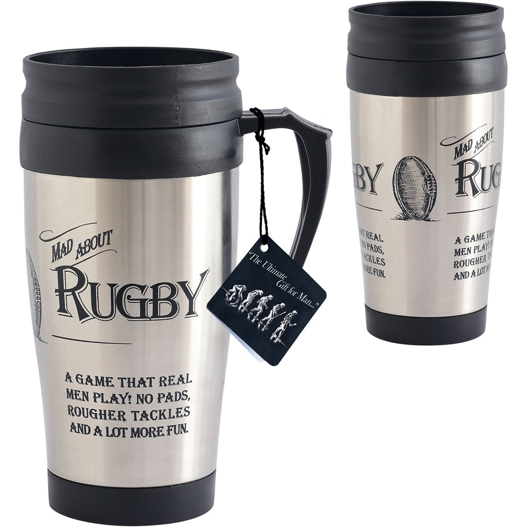 Two stainless steel travel mugs with black lids and handles on a white background. The front mug shows a hanging tag and the text 'Mad About Rugby' with a rugby ball graphic.
