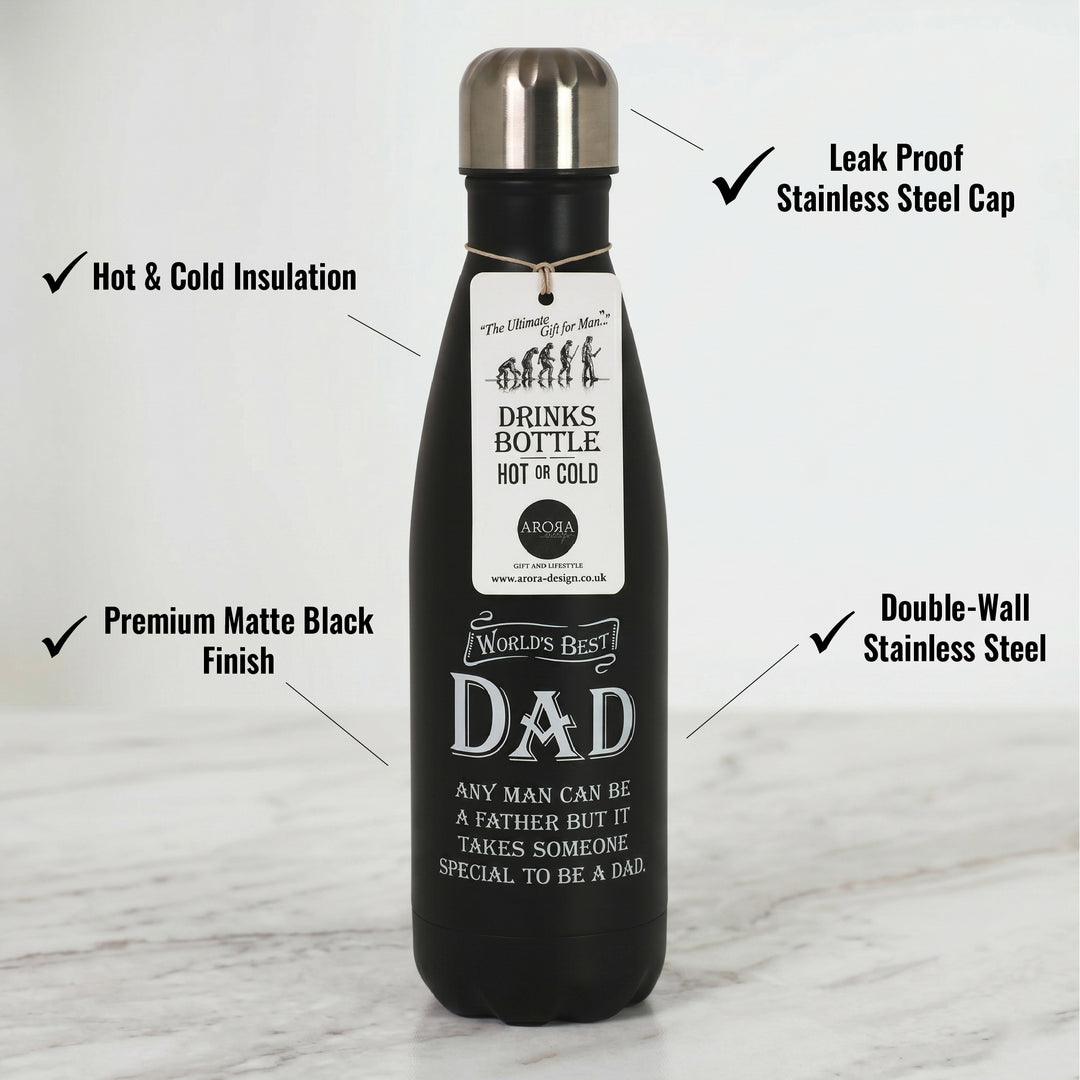 Black insulated drinks bottle with 'World's Best Dad' text on a white background