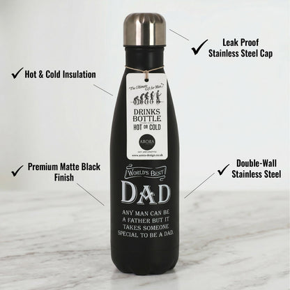 Black insulated drinks bottle with 'World's Best Dad' text on a white background