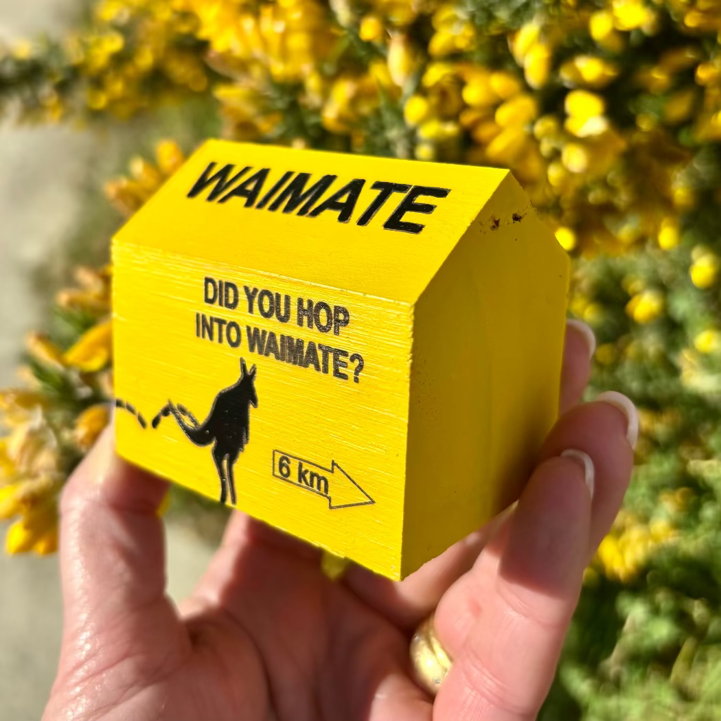 Yellow cube with text and a wallaby illustration held in front of yellow flowers