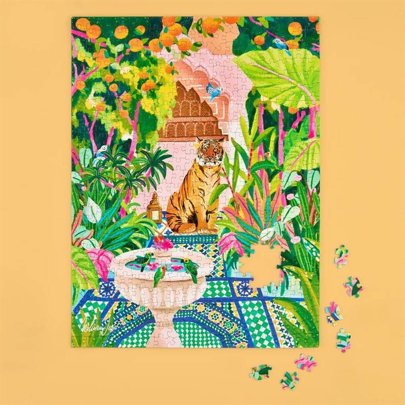 Colorful puzzle with a tiger in a garden design on a yellow background