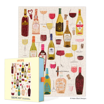 Wine-themed puzzle with packaging on a white background