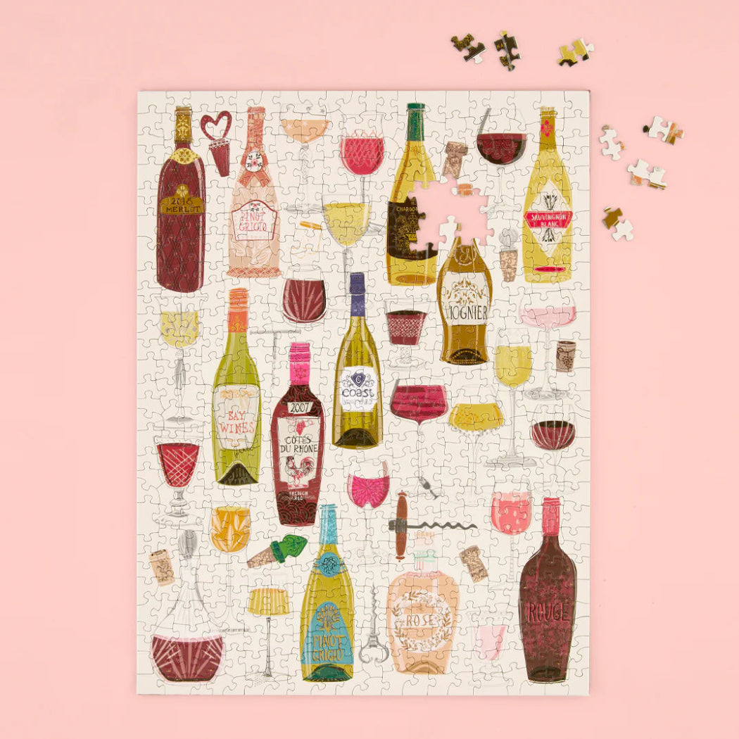 Jigsaw puzzle with wine bottle and glass illustrations on a pink background