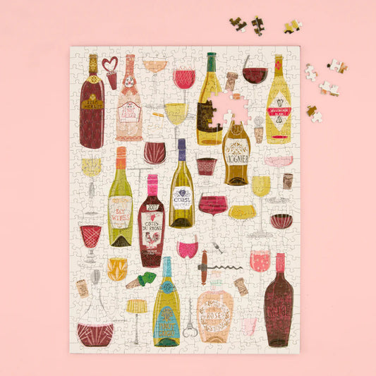 Jigsaw puzzle with wine bottle and glass illustrations on a pink background