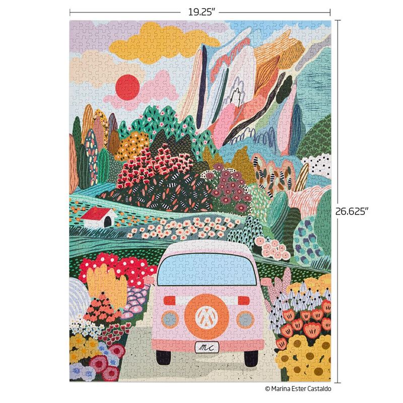 Colorful rug with a pink van, flowers, and nature elements, featuring dimensions 19.25" x 26.625".