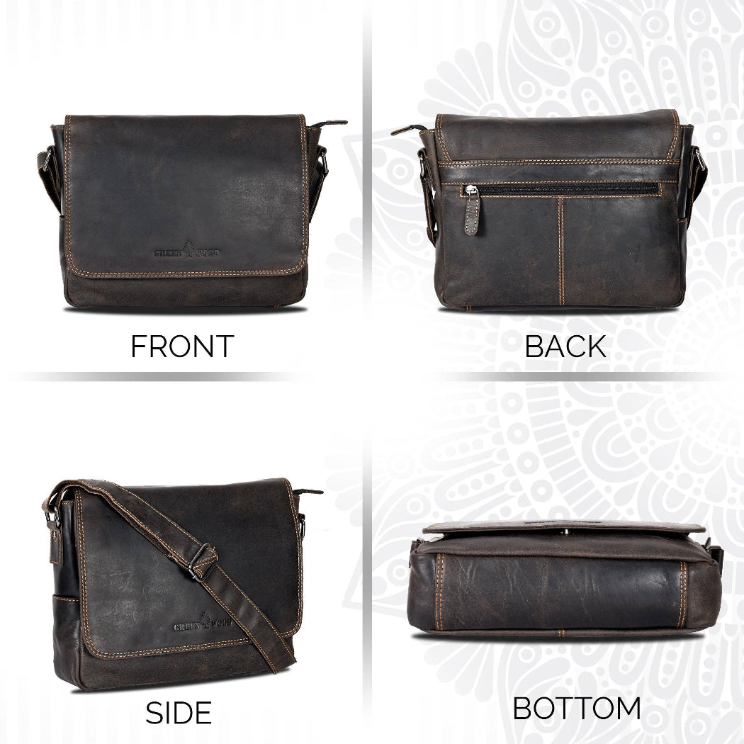 Brown leather bag shown from front, back, side, and bottom angles on a white background.