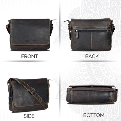 Brown leather bag shown from front, back, side, and bottom angles on a white background.