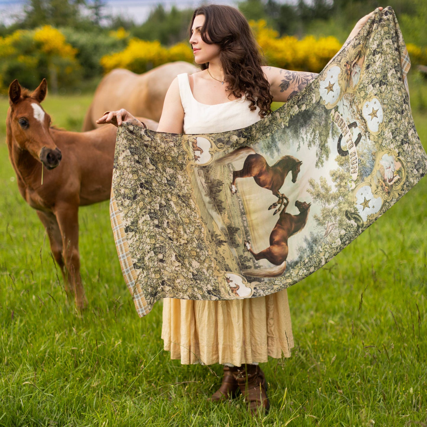 Born To Run Scarf with Wild Horse & Floral Print