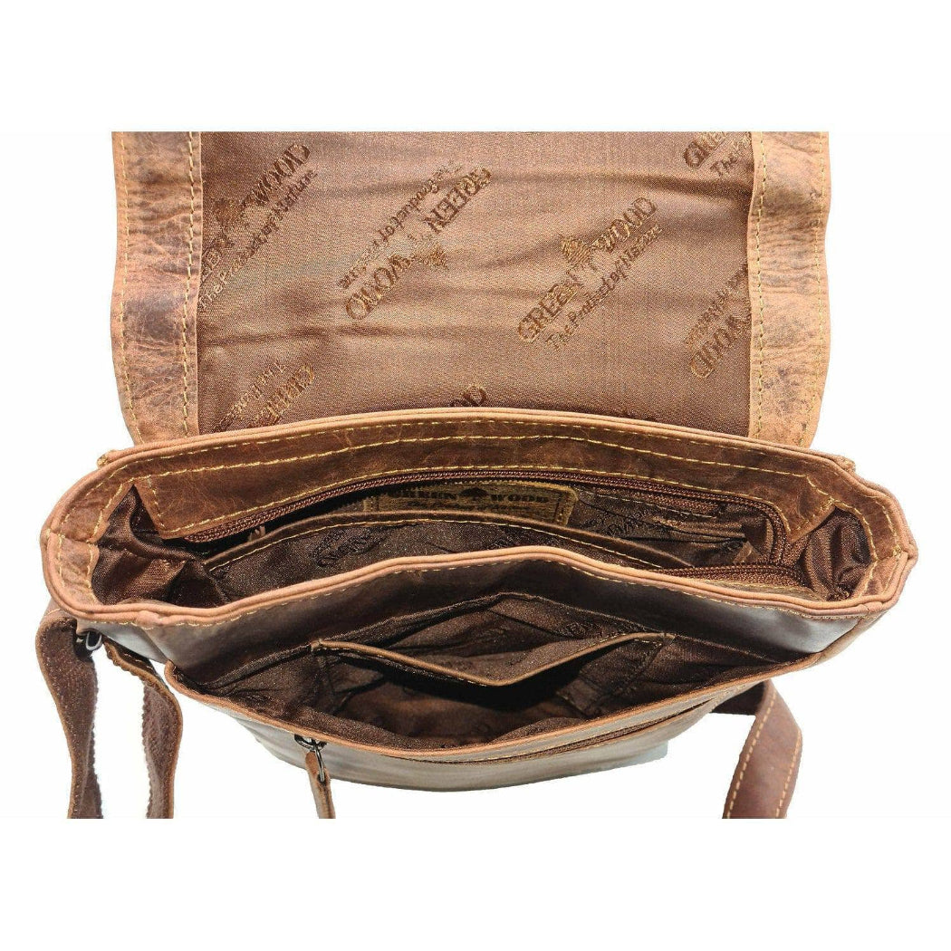 Brown leather bag with visible branding on a white background