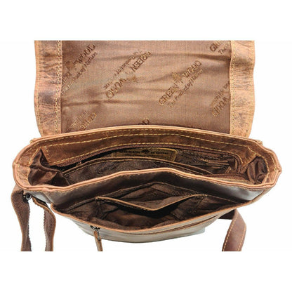 Brown leather bag with visible branding on a white background