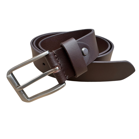 Brown leather belt with a silver buckle on a white background