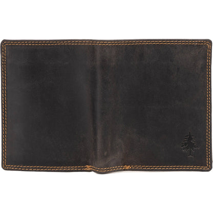 Dark brown leather wallet with visible stitching on a white background