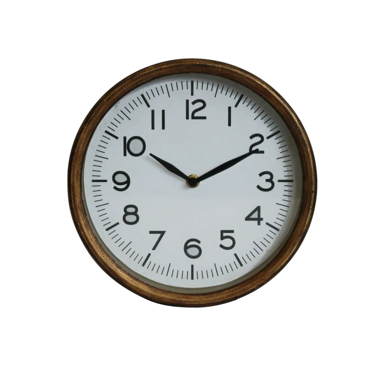 A round wall clock with a white face, black Arabic numerals, black hands, and a rustic brown wooden frame, shown against a plain white background.
