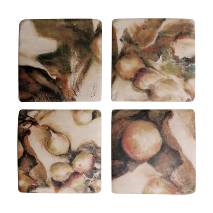 Set of four square coasters with artistic fruit design on a white background