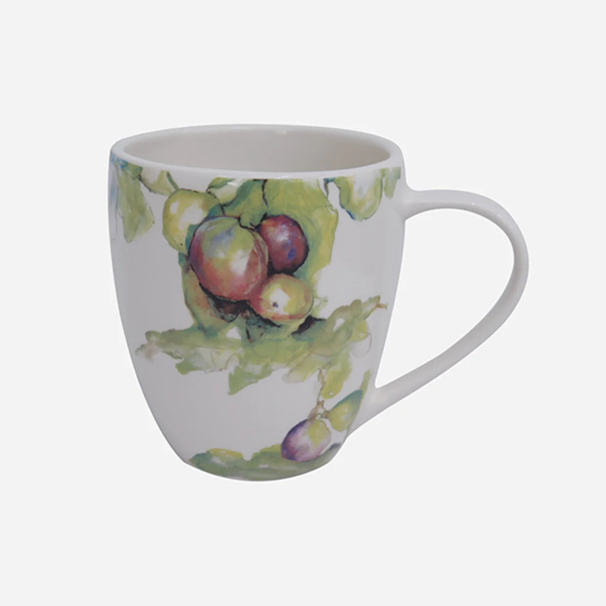 White mug with fruit design on a white background