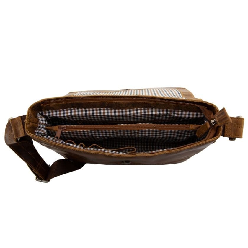 Brown leather waist bag with checkered lining on a white background