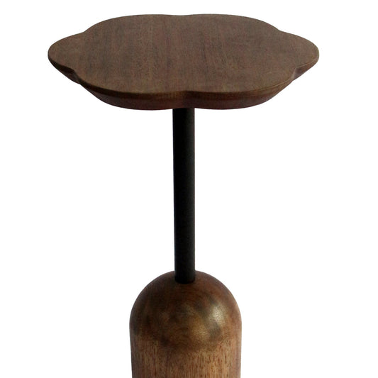 Wooden side table with a unique design on a white background