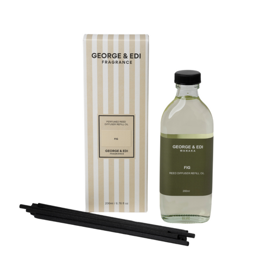 George & Edi fragrance set with bottle, packaging, and diffuser sticks on a white background