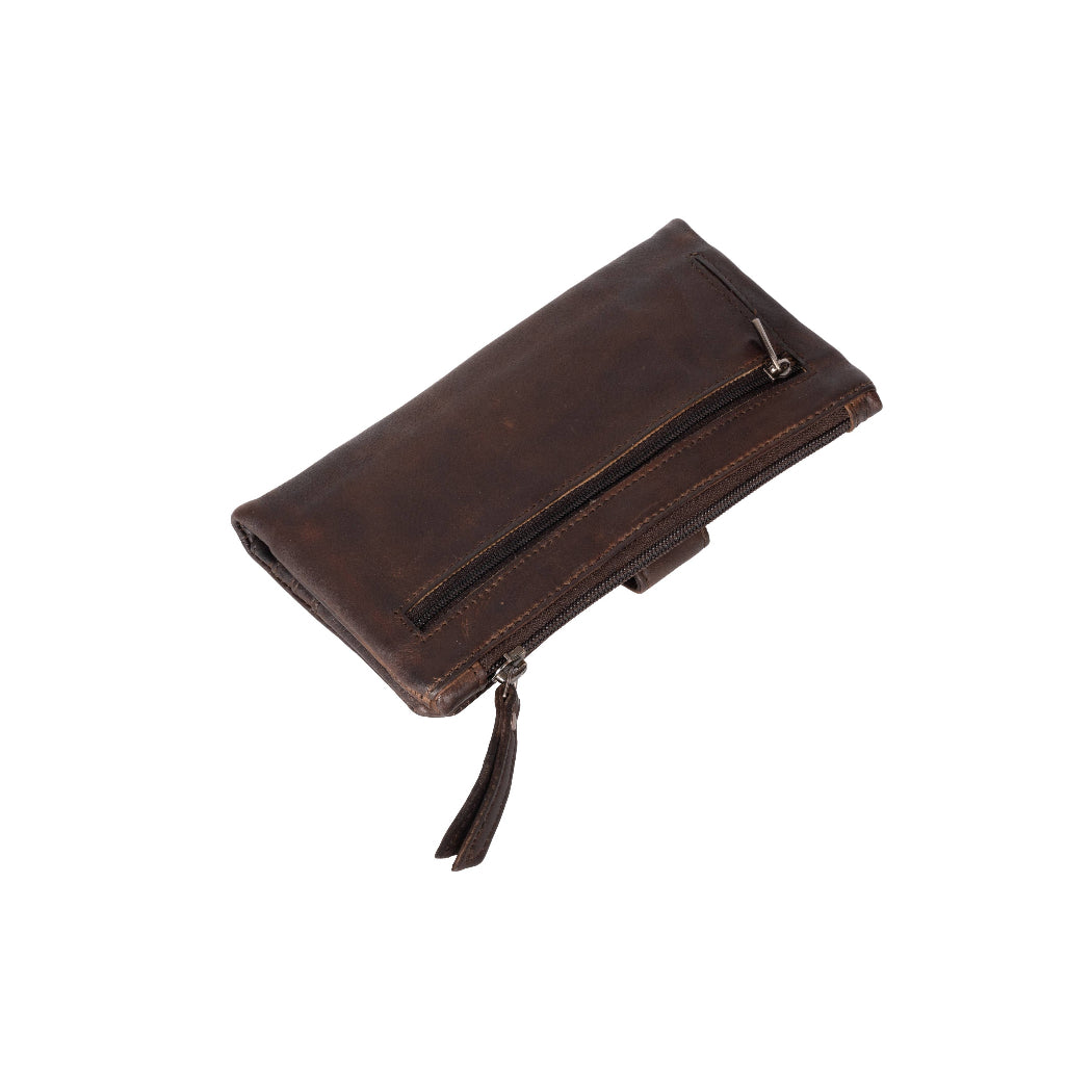 A dark brown leather zip-around wallet with a front slip pocket and a leather tassel pull, shown on a plain white background.