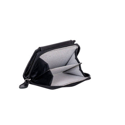 An open black leather wallet showing a striped interior lining, photographed on a solid white background.