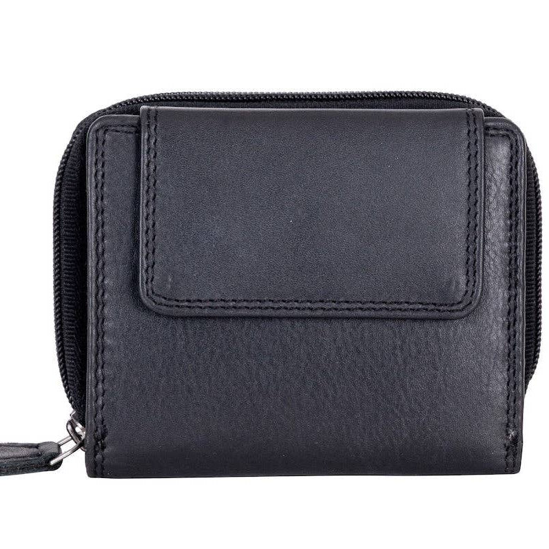 A black leather zip-around wallet with a front slip pocket, shown against a plain white background.