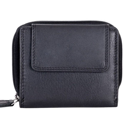 A black leather zip-around wallet with a front slip pocket, shown against a plain white background.