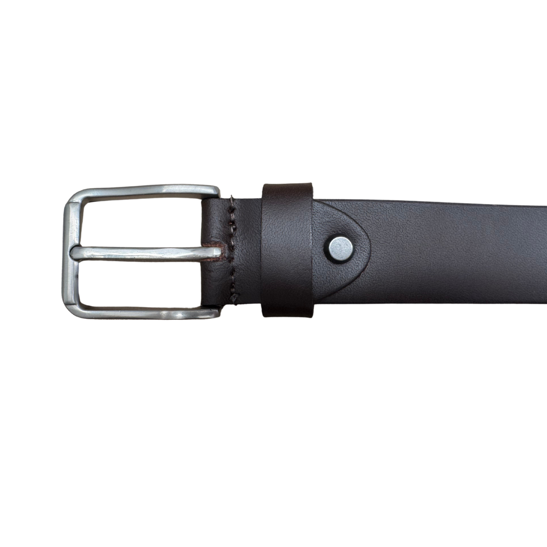 Black leather belt with silver buckle on a white background