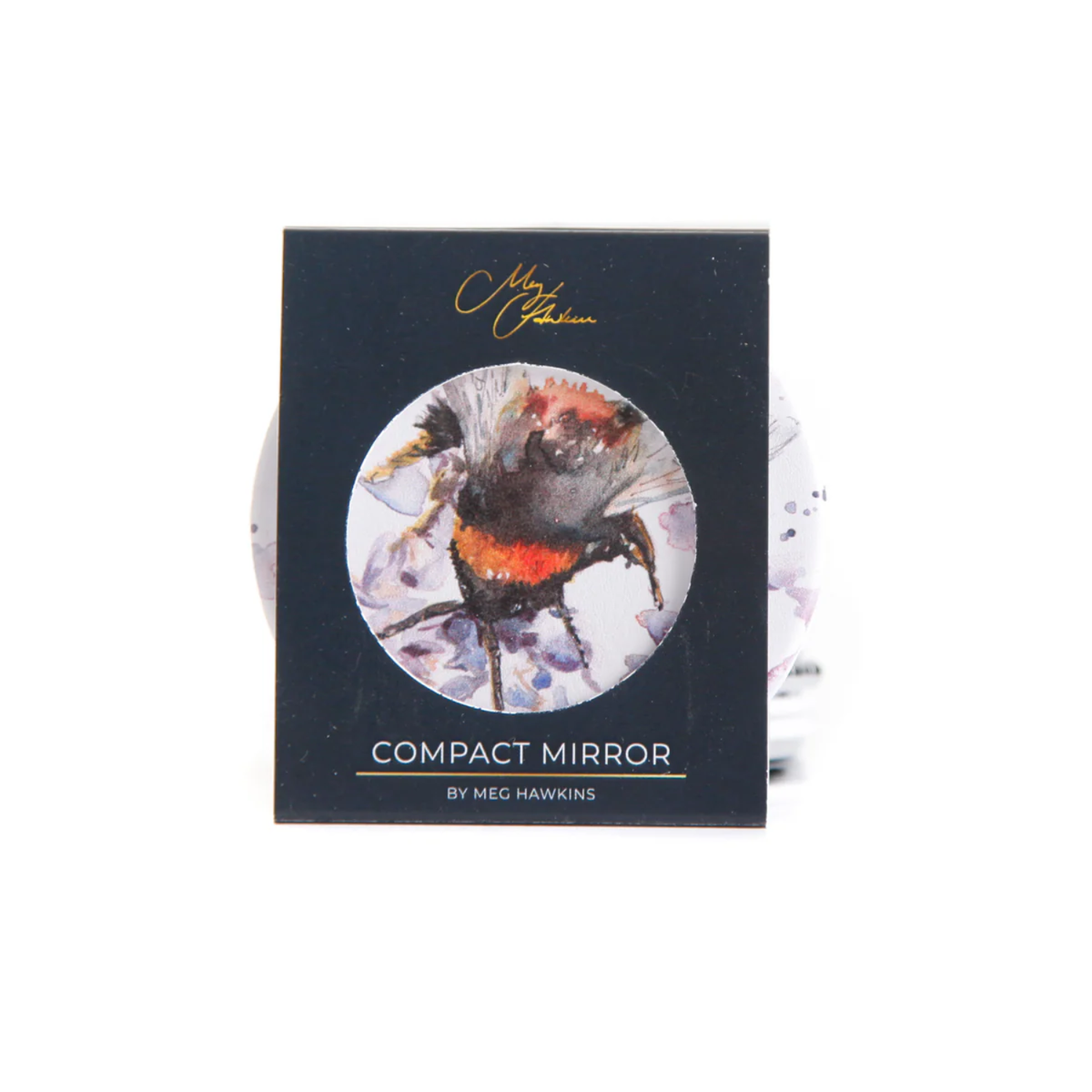A compact mirror in its original black packaging, featuring a circular illustration of a bumblebee on the front. The packaging is branded with 'Meg Hawkins' in gold script.