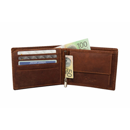 Brown leather wallet with money and cards on a white background