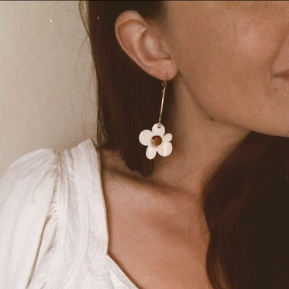 Woman wearing a white dress with floral earrings against a neutral background