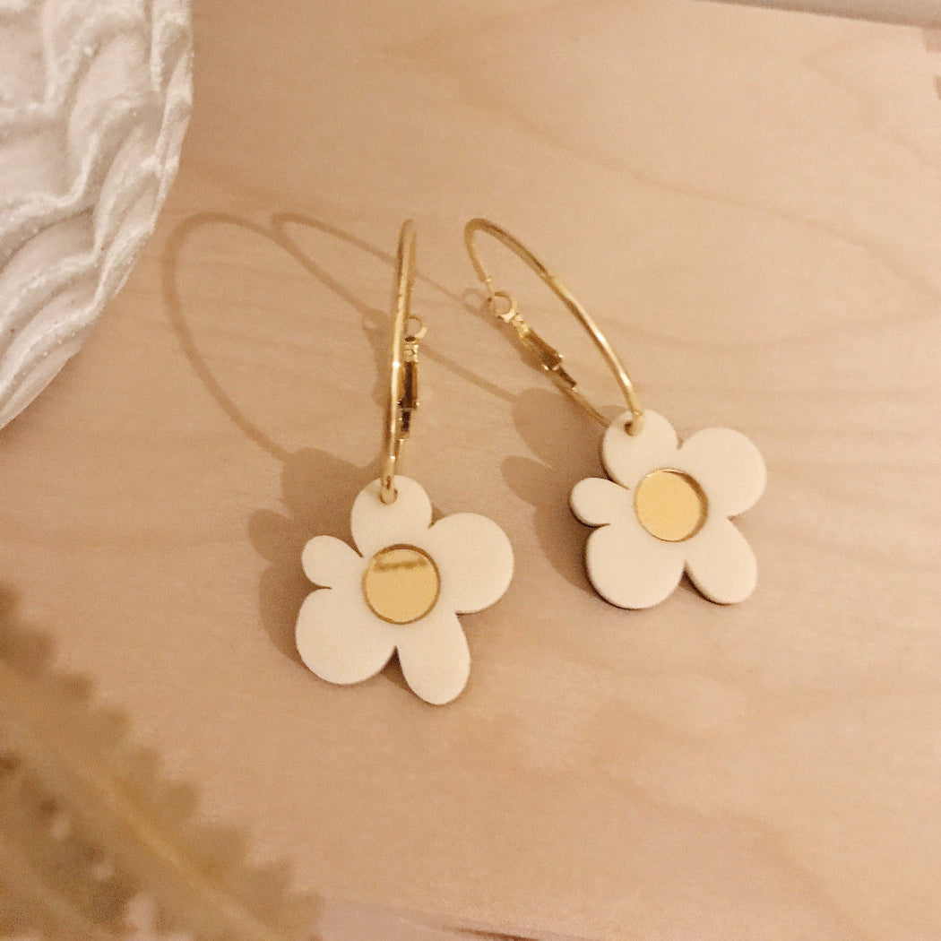 Flower-shaped earrings with gold centers on a beige surface