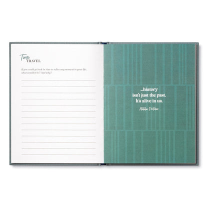Open book with one page showing text and the other with a pattern and quote.