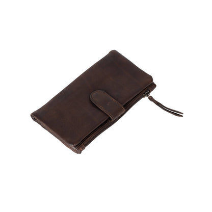 A dark brown leather zip-around wallet with a tab closure and a leather pull tab, shown on a plain white background.